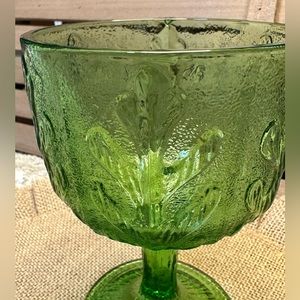 Vintage green glass pedestal dish, green glass footed bowl